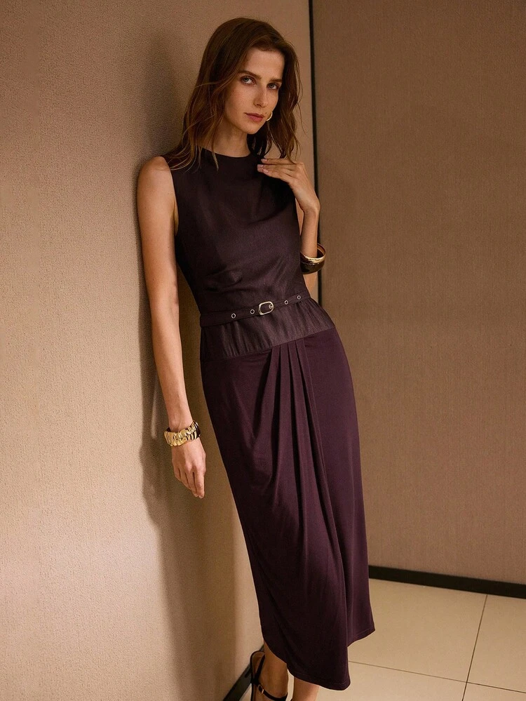 MIXED MEDIA BUCKLE BELTED SLEEVELESS SLIM FIT MIDI DRESS