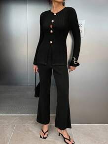 Siren Gaze 2pcs Women's Autumn Metal Single-Breasted Split Hem Long Sleeve Top And Pants Set Winter Black Casual - Black - View 2