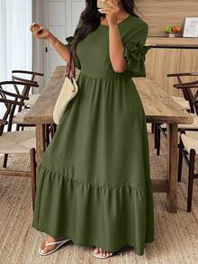 Weeklong 大码纯色圆领荷叶边下摆休闲百褶连衣裙 - 軍綠色 - 查看 1