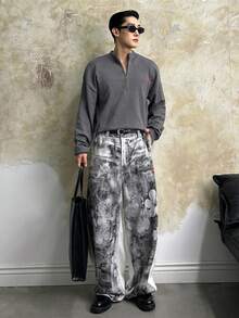 SWAVVY Men's Casual Commuter Polar Bear Embroidery Half-Zip Raglan Loose Pullover Sweater, Autumn/Winter - Dark Grey - View 5