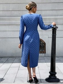 Chiquease Women's Polka Dot Print Deep V-Neck Long Sleeve Dress Fall Cloth For Women - Blue - View 2