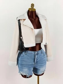 Amplova 女士短款毛领绒面革夹克 - 杏色 - 查看 8