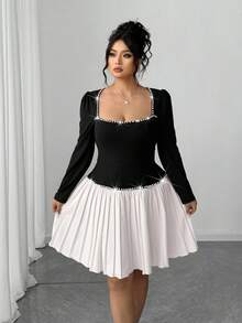 Elenzga Never Out Of Style: Gothic Prep With A Wednesday Twist. Embrace Your Inner Shadow Dark Feminine Fashion. Plus Size Women's Knitted Long Sleeve Plus Size Collar Bubble Bead Decor Vintage Elegant Pleated Midi Dress Fall Cloth For Women - Multicolor - View 7