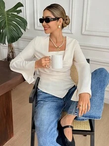 SHEIN Frenchy Women's Elegant Commuter Off-White Solid Color Lapel Blouse,Autumn Fall Chic Business Casual Tops,Tea Party Teacher Back To School Winter - Apricot - View 4