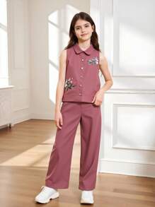 SHEIN 2Pcs/Set Tween GirlsApricot Sleeveless Printed Shirt + Wide-Leg Pants Suit, Comfortable Casual Vacation Outfits For Spring & Summer - Burgundy - View 11
