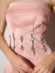 Poshira Rhinestone Decor Strapless Glamorous Ball Gown Dress (Heavily Embellished) - Pink - View 1
