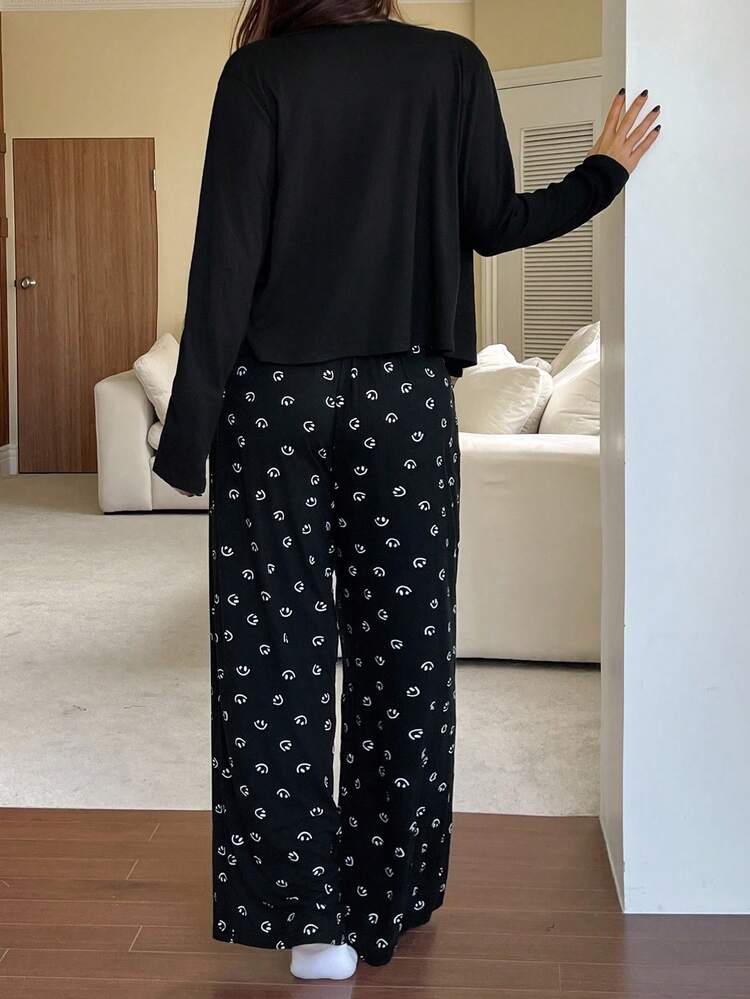 DAZY 3pcs Solid Color Button Placket Top, Spaghetti Strap Top & Loose Allover Print Pants Women Sleepwear Pajama Set, Fall Winter Clothes - Black - View 2