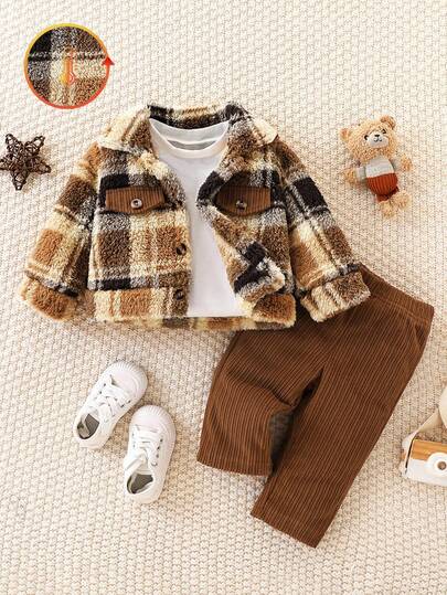 SHEIN 2 件套男婴休闲乡村撞色加厚毛绒格子印花翻盖细节夹克和纯色灯芯绒裤子套装，适合日常穿着，秋冬季