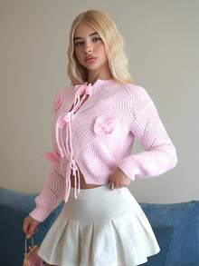 Selianne Women's New Autumn/Winter Round Neck Sweet Casual Bowknot Decor Drawstring Design Fitted Short Cardigan Top Fall For Women, Pink - Pink - View 5