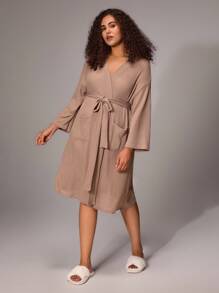 Bata con bolsillos dobles, hombros caídos, tejido de gofre y cinturón, cómoda y elegante, atuendos de otoño e invierno - Marrón Mocha - Ver 3