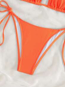 Swim Basics 2026 Spring/Summer Orange Special Fabric Women's Swimsuit, Spaghetti Strap Halter Solid Color Sexy Side Tie Bikini Bottom Two-Piece Swimwear - Orange - View 4