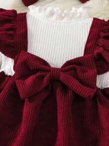 SHEIN 新生女婴白色长袖坑条纹拼接红色灯芯绒面料蝴蝶结连衣裙和头饰优雅复古可爱 - 紅白色 - 查看 5