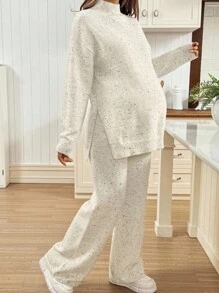 SHEIN 孕妇波点提花休闲立领侧开衩毛衣和针织裤套装，腰带可调节。秋冬女式毛衣秋季女装秋季毛衣孕妇毛衣两件套米色冬季孕妇休闲套装两件套孕妇套装孕妇毛衣套装舒适孕妇套装孕妇家居服 - 彩色 - 查看 6