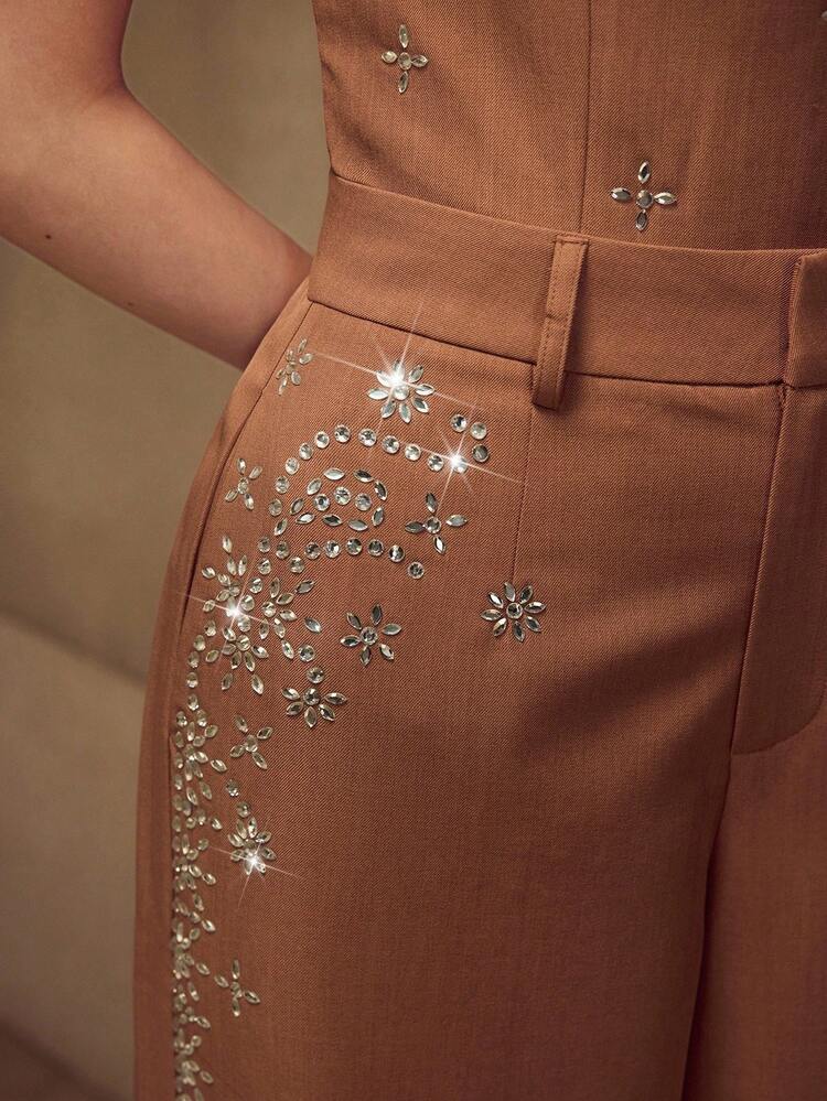 RHINESTONE DETAIL WIDE LEG PANTS