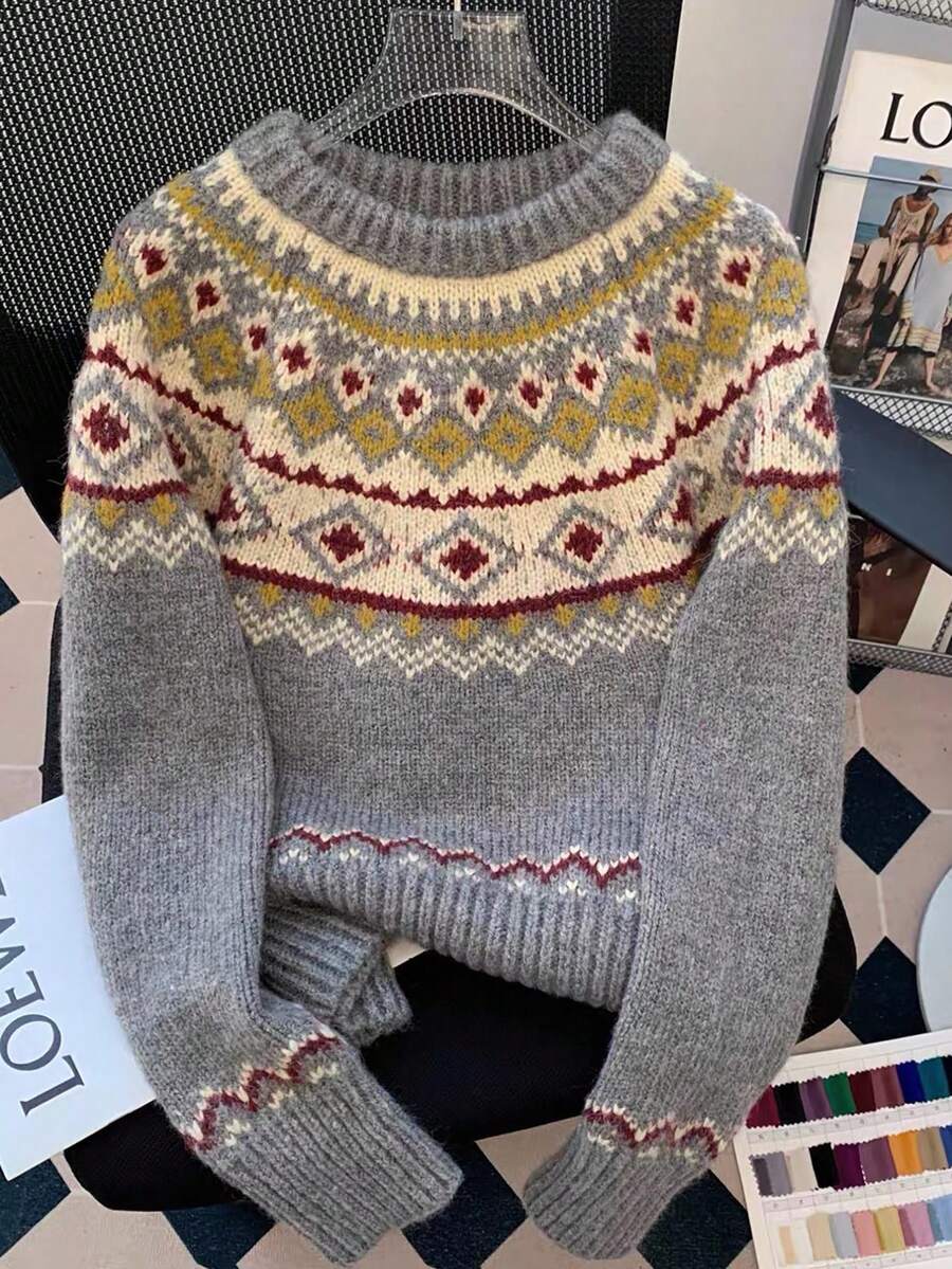 SHEIN Franclia 全新休闲舒适费尔岛圆领圣诞氛围撞色菱形花纹套头毛衣，百搭减龄，女士适用 - 彩色 - 查看 1