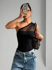 EgrlEra Summer New European And American Sexy Vacation Party Oblique Shoulder Mesh Ruffle Strapless Bodysuit - Black - View 4