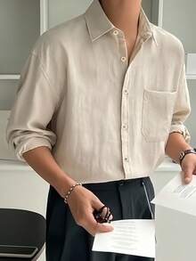 SHEIN X Scheana DAZY Men Solid Pocket Patched Drop Shoulder Shirt Long Sleeve Men Shirt, For Fall