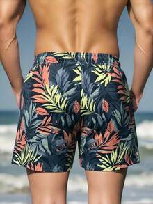 Manfinity Swimmode Men's Plant Print Drawstring Waist Pocket Casual Beach Shorts Men Beachwear Men Floral Swim Trunks Men Swim Trunks Mens Swim Shorts Tropical Swim Trunks Men Swim Trunk Matching Plus Size Men Beach Shorts - Dark Green - View 2