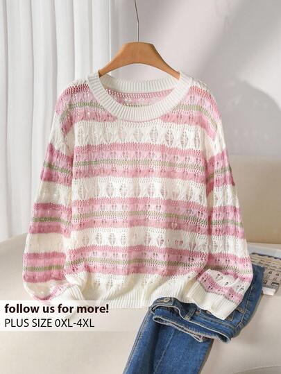 CosyJoli Suéter de manga larga de tejido calado de talla grande para mujer, blusa de punto rosa, nueva temporada otoño/invierno 2025, adecuado para ir al trabajo y uso casual, prenda de punto rosa