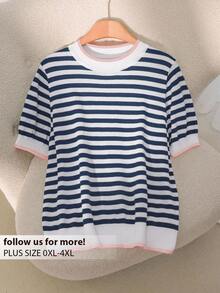 CosyJoli Plus Size Casual Round Neck Color Block Striped Short Sleeve Knit Top