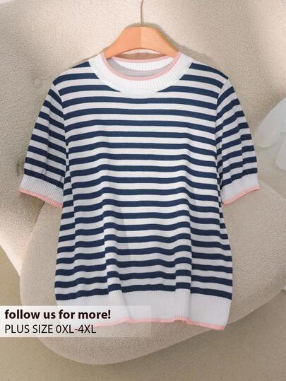 CosyJoli Plus Size Casual Round Neck Color Block Striped Short Sleeve Knit Top Spring To Summer