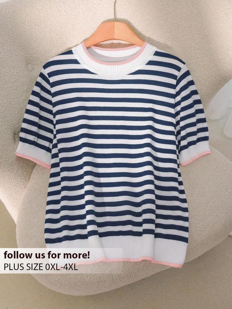 CosyJoli Plus Size Casual Round Neck Color Block Striped Short Sleeve Knit Top