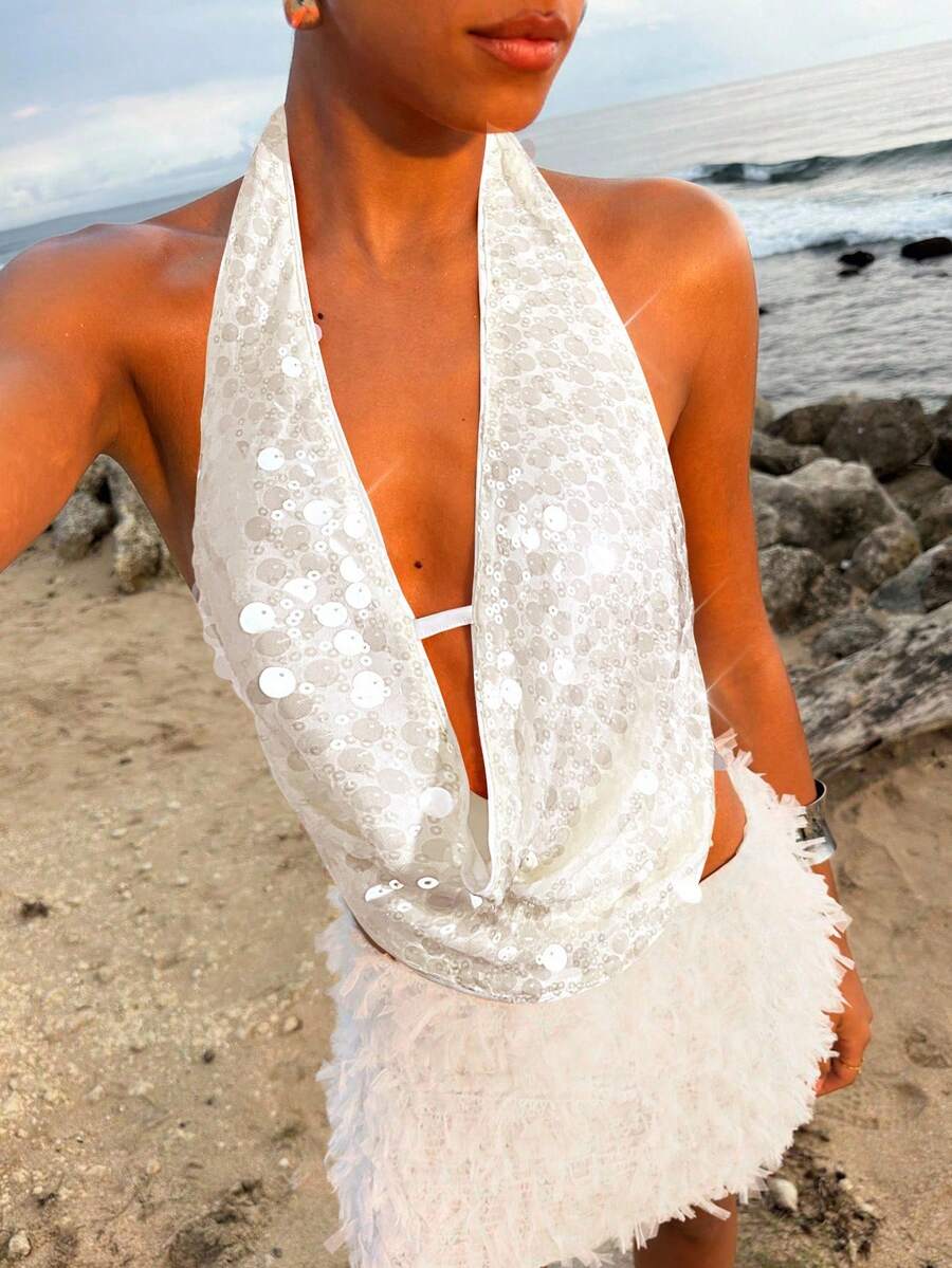 Opulessa 1 Peça Top Drapeada com Decote de Tecido de Lantejoulas de Cor Sólida para Mulheres, Ideal para Festas de Outono/Inverno, Natal, Ano Novo, Convidados de Casamento, Formatura Elegante, Baile de Formatura de Luxo - Branco - Visão 1
