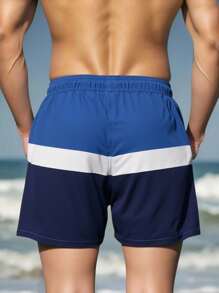 Manfinity Swimmode Men's Contrast Color Drawstring Waist Pocket Casual Beach Shorts - Blue - View 2