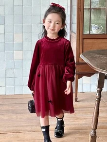 DAZY 女孩年轻女孩秋冬时尚荷叶边拼接蝴蝶结设计长袖天鹅绒网眼派对连衣裙，适合日常穿着、节日和派对圣诞节、新年 - 酒紅色 - 查看 6