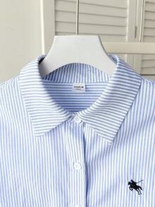 SHEIN 少女蓝白条纹，条纹印花刺绣前扣休闲长袖衬衫，休闲学院风衬衫，少女衬衫，开学季