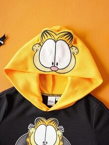 GARFIELD | SHEIN Young Boys' Cool Halloween Cartoon Pattern Contrast Color Embroidered Hooded Bat Shaped Cape Sweatshirt, Autumn/Winter Fall - Black - View 4