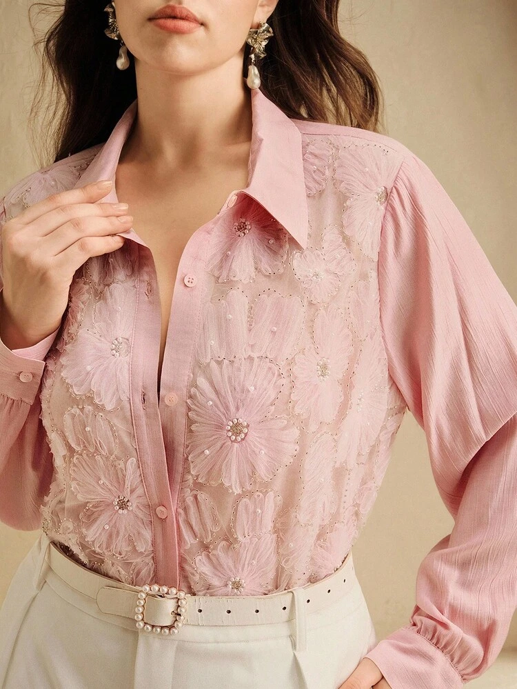 Plus Size Women Elegant Pink Patchwork Faux Pearl Beaded Collar Long Sleeve Single-Breasted Shirt
