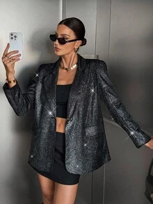 Siren Gaze Black And Silver Long-Sleeved Suit Party Blazer Women's Fashionable Commuter Shiny Blazer In Fall/Winter