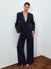EURMUSE Conjunto de terno elegante feminino azul marinho com botões frontais e detalhes de pernas largas - Azul marinho - Ver 5