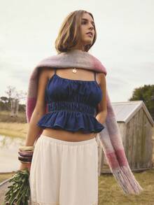 Aralina 女士休闲秋冬牛仔荷叶边露脐上衣，非常适合教师节、乡村音乐会和万圣节等场合 - 深色水洗藍 - 查看 10