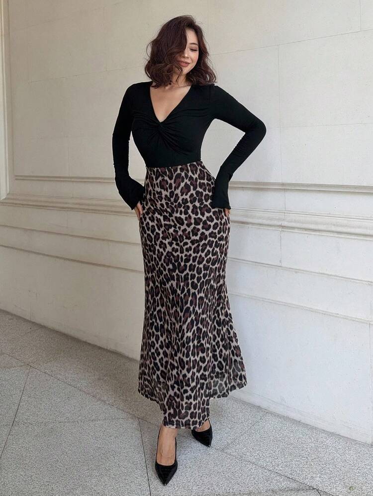 Women's Leopard Print Patchwork V-Neck Twist Hem Midi Dress, Elegant Long Sleeve