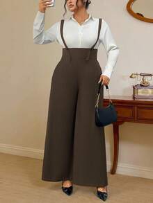 SHEIN Clasi Plus Size Women Elegant Everyday Commute Comfortable Cinched Waist Long Jumpsuit, Suitable For All Seasons - Coffee Brown - View 1