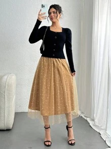 DAZY Chân váy xòe eo chun đính sequin thanh lịch dành cho nữ, thích hợp cho mùa thu, năm mới và lễ hội. - Hồng - Xem 7
