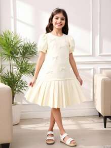 SHEIN 女童纹理面料蝴蝶结装饰下摆褶皱优雅可爱短袖连衣裙，春夏