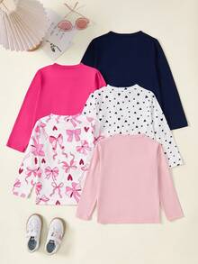 SHEIN Explorewe 5pcs Toddler Girls' Cute Cartoon Rabbit Striped & Ditsy Floral Long Sleeve T-Shirt, Multi-Pack Fall Winter - Pink - View 2