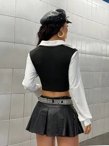 StreetHx Women's Contrast Color Cropped 2 In 1 Long Sleeve Shirt Fall Cloth For Women