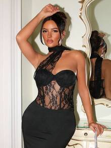 SHEIN SXY Lace Patchwork Halter Sexy Bodysuit, Black See Through , Black Lace Bodysuit,Party ,Going Out,Lace,Corset,Halloween,Club Outfits Women Sexy, Y2k,Date Night Dress