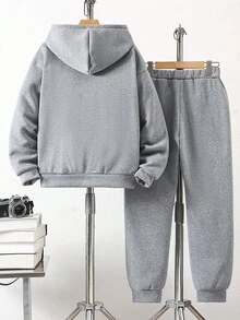 Vacaura 2pcs/Set Teenage Boys Casual Outdoor Hoodie Sweatshirt And Drawstring Sweatpants, Grey, Autumn/Winter Fall