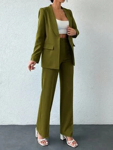 EURMUSE Women's Commuter Shawl Neck Single-Button Long Sleeve Pants Suit, Elegant Solid Color - Olive Green - View 4