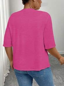 SHEIN LUNE Plus Size Women's Knitted Open Front Cardigan - Hot Pink - View 2