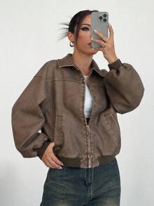 SHEIN EZwear Vintage Washed Snowflake Textured PU Leather Jacket, Autumn - Bronze - View 3