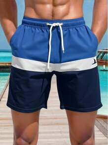 Manfinity Swimmode Men's Contrast Color Drawstring Waist Pocket Casual Beach Shorts - Blue - View 3