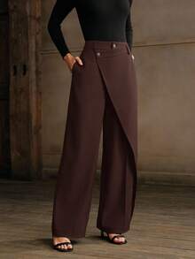 Anewsta 女士休闲不对称下摆宽松直筒裤，适合通勤、春秋季 - 棕色 - 查看 3