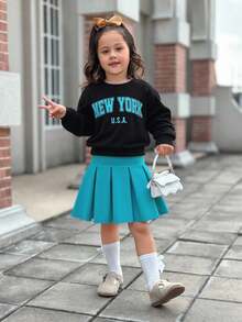 Young Girl Colorful Printed Hoodie And High Waist Pleated Skirt Tracksuit Set, Brushed Thick For Winter Fall - Multicolor - View 8