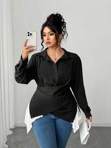 Elenzga Plus Size Women Gothic Prep With Wednesday Twist Contrast Lace Elegant Lightweight Binding Shirt Fall Cloth For Women - Black and White - View 1
